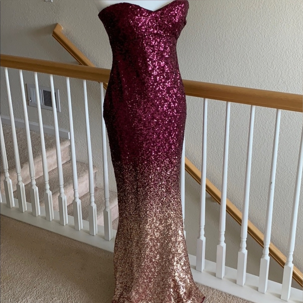 EUC Jump Apparel Burgundy Gold Ombre Sequin Strapless Dress Sz 5/6 - Picture 4 of 8
